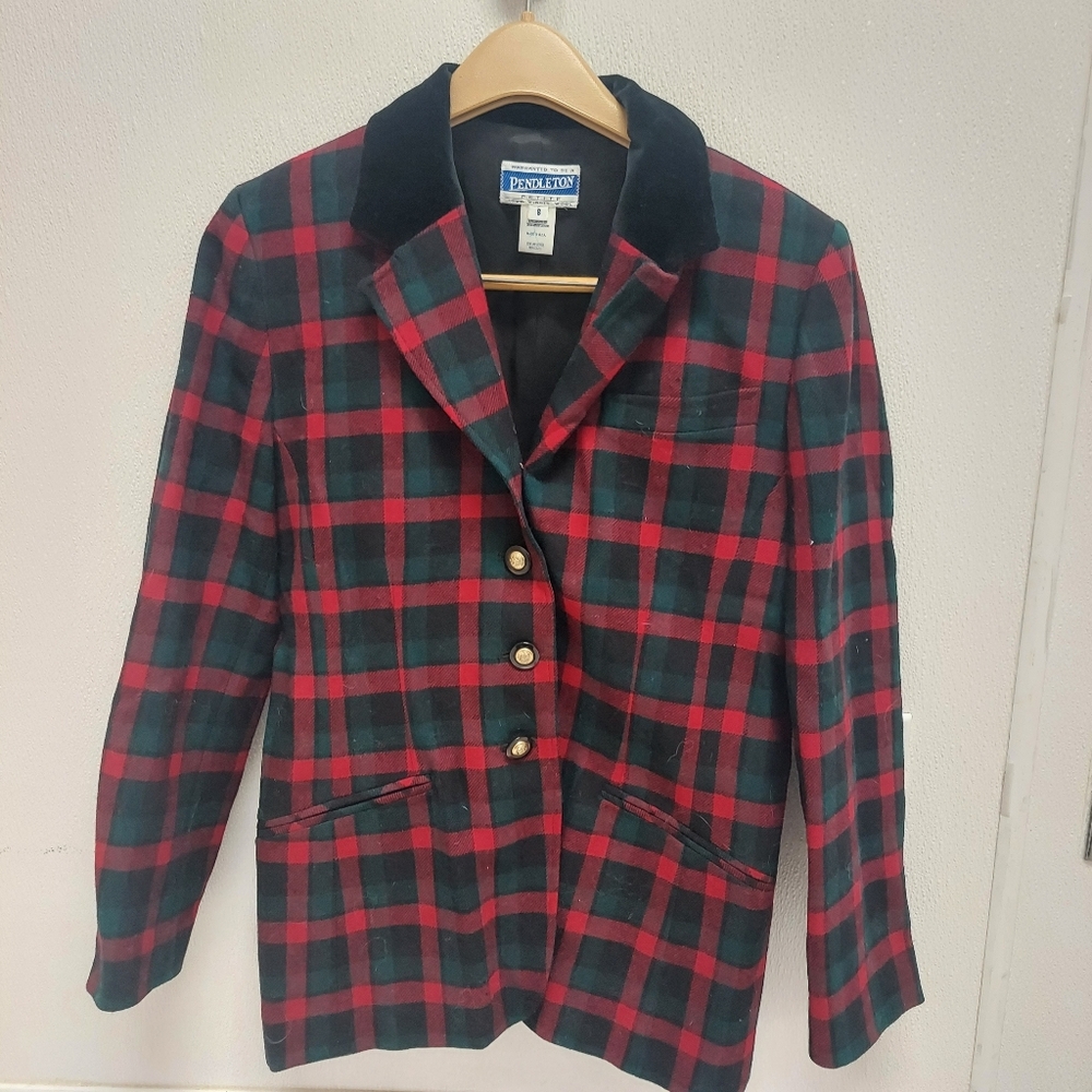 Vintage Pendleton Jacket Women’s Size 8 Petite Wool Plaid Red Blazer Suit Jacket